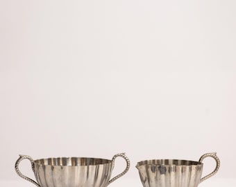 Silverplate Cream and Sugar Set, Melon Fluted, Ball Feet, Twisted Rope Handles, Georgian Revival Style, Hand-Cut Scalloped Rim, 1950s