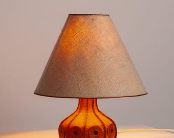 Leather Gourd Table Lamp 1970s, Hand Stitched Ambient Light, Woven Burlap Shade, Rustic Mid Century Lamp