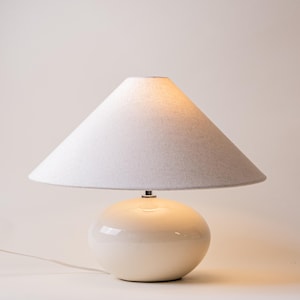 Vintage Modernist White Ceramic Sphere Lamp –Conical Shade, Japandi Decor