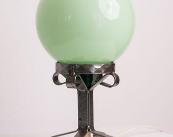 Lampe globe vintage en verre vert menthe – Pied en fer forgé de style brutaliste – Lampe de table style milieu du siècle