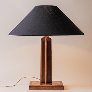 Art Deco Table Lamp – Walnut Satinwood Inlay Architectural Column Base 1930s
