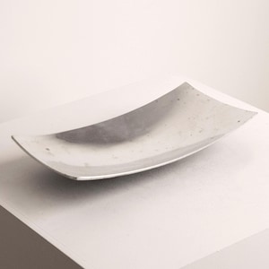 May include: A silver-colored, rectangular serving dish with a gently curved design. The dish has a smooth, reflective surface and is elevated on a white surface. The minimalist design of the dish makes it suitable for various uses.