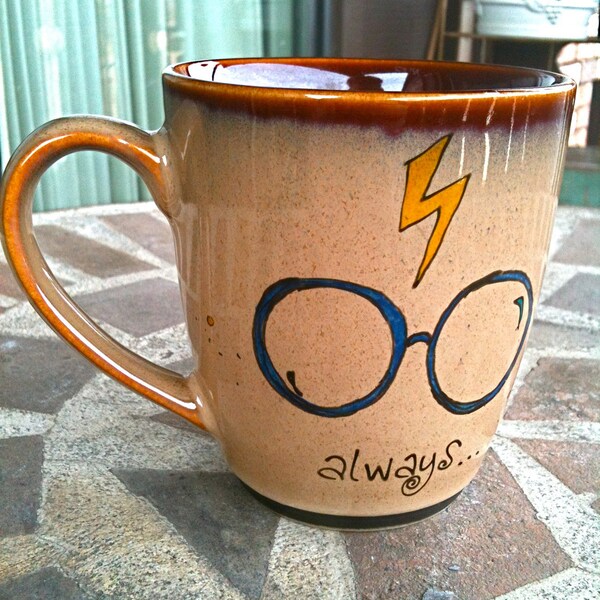 The Original Always Mug: Small Antique Brown "Always" Harry Potter Owl Mug - Hand Painted with lightning bolt and glasses