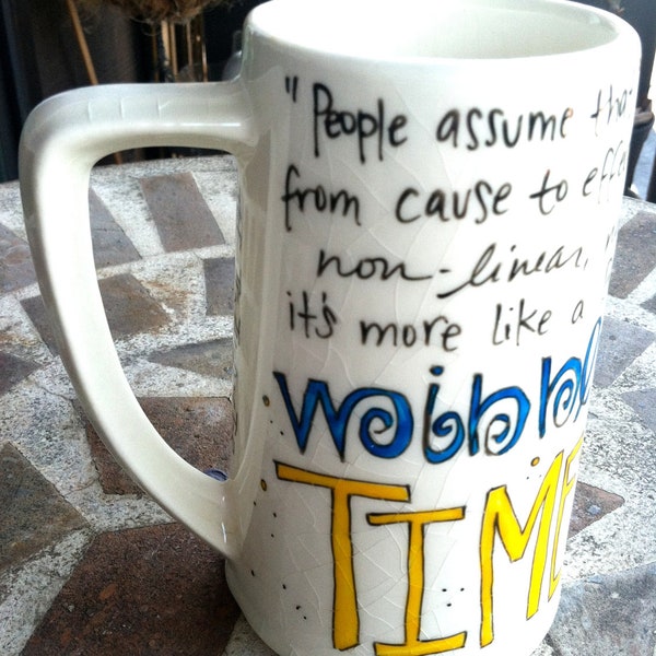 Doctor Who "Wibbly-wobbly, timey-wimey" Hand-Painted Quote Mug - Tenth Doctor - tall white tankard mug with TARDIS