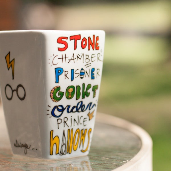 Simple Harry Potter Book Titles Mug - Medium, square, white mug with glasses, lightning bolt and owl - Hand Painted
