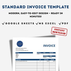 Può includere: Un modello di fattura standard con un design blu e bianco. Il documento include campi per le informazioni di fatturazione, le descrizioni dei servizi e i dettagli di pagamento. Il testo include "GOOGLE SHEETS", "MS EXCEL" e "PDF". Sono visibili anche le parole "DOWNLOAD IMMEDIATO".