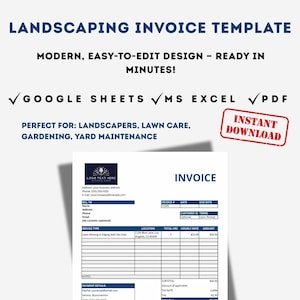 Könnte beinhalten: Eine moderne Landschaftsbau-Rechnungsvorlage, die sofort bearbeitet werden kann. Kompatibel mit Google Sheets, MS Excel und PDF. Enthält Felder für Servicedetails und Zahlungsinformationen. Geeignet für Landschaftsbauer, Rasenpflege und Gartenbau. Sofortiger Download.