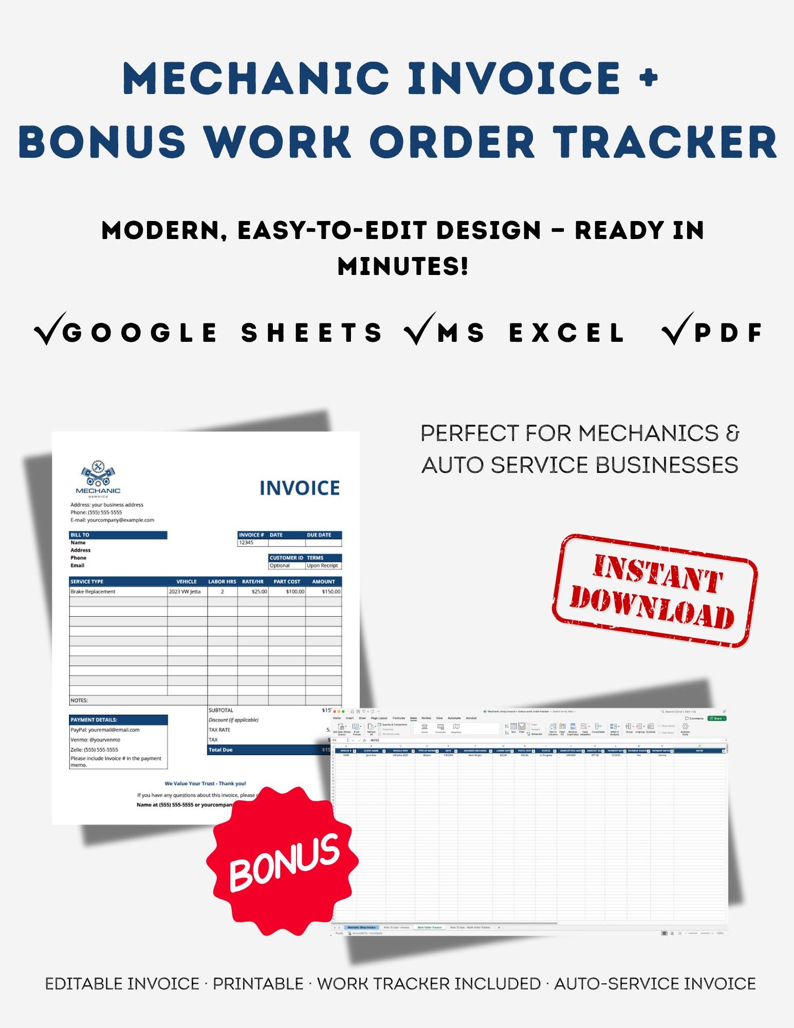 BUNDLE – Mechanic Invoice Template + Work Order Tracker | Google Sheets ...