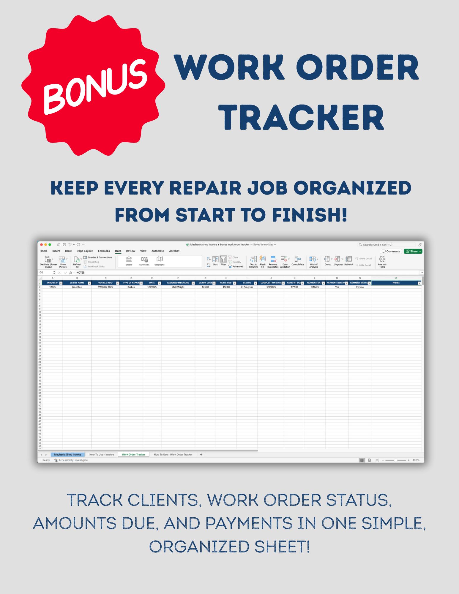 BUNDLE – Mechanic Invoice Template + Work Order Tracker | Google Sheets ...