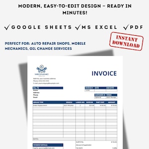 Mechanic Invoice Template | Client-Ready Auto Repair Receipt | Google Sheets/ Excel/PDF | Auto Calculating & Editable