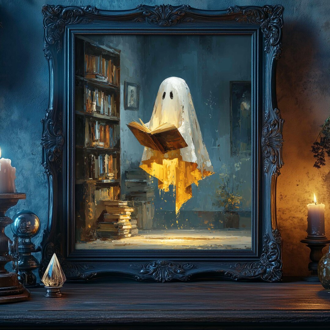 Ghost Reading Book Art Print – Spooky Halloween Home Decor (digital ...