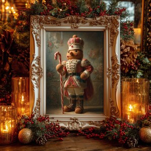 May include: A framed Christmas-themed image featuring a nutcracker soldier holding a candy cane. The nutcracker wears a red and white uniform with a crown. The frame is ornate, surrounded by festive greenery, berries, and lit candles, creating a warm, holiday atmosphere.