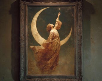 Op de afbeelding: Een antiek ingelijst schilderij toont een vrouw in een vloeiende jurk die naar sterren boven een halve maan reikt. Het kunstwerk gebruikt warme goud- en bruintinten tegen een donkere, atmosferische achtergrond. De lijst heeft sierlijke details.