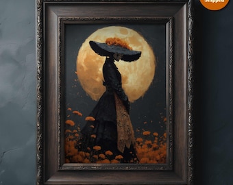 May include: Framed art print depicting a figure in a black dress and hat, set against a full moon and orange flowers. The artwork has a dark, gothic aesthetic, with a decorative frame.