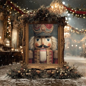 May include: A framed image of a nutcracker soldier in a red and gold uniform, with a blue hat and white hair. The frame is ornate gold, decorated with greenery and gold ornaments. The background is a blurred, festive scene with lights and snow.