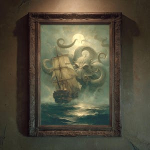 May include: A framed painting depicts a ship battling a sea monster in stormy waters under a full moon. The artwork features a detailed wooden frame and a dramatic, fantasy theme with a dark color palette.
