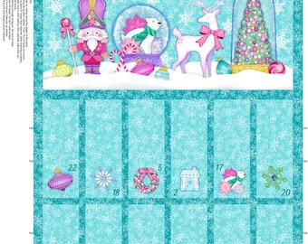 May include: A fabric panel featuring a Christmas advent calendar design. The teal background is covered in snowflakes. The calendar includes illustrations of a nutcracker, polar bear, reindeer, Christmas tree, and ornaments. The numbers 1-24 are displayed.