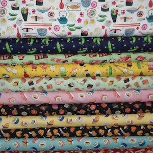 Asian Food Fat Quarter Bundle - 12 Piece FQ Bundle - Chinese takeout, fortune cookies, edamame, and sushi fabrics - 100% Cotton Fabric