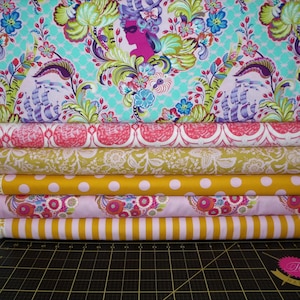 Tula Pink Parisville Fat Quarter Bundle - 7 Piece Parisville Deja Vu plus Matching True Color Poms and Stripes FQ Bundle - 100% Cotton