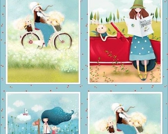 Puede incluir: Un conjunto de cuatro ilustraciones que muestran a una niña con un conejito viajando en bicicleta, en coche, a caballo y en barco. Las ilustraciones están en un estilo caprichoso con un fondo azul y lunares blancos.