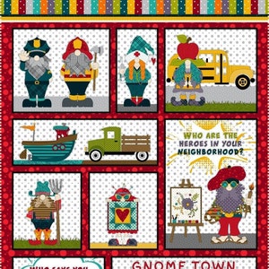 May include: A colorful illustration of gnomes dressed as different heroes, including a police officer, firefighter, nurse, school bus driver, farmer, artist, scientist, soldier, chef, and construction worker. The text reads "Who are the heroes in your neighborhood?" and "Who says you need a cape to be a hero?" and "Gnome Town Heroes".