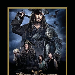 Puede incluir: Un póster de película para Piratas del Caribe: La venganza de Salazar. El póster presenta al Capitán Jack Sparrow, interpretado por Johnny Depp, junto con otros personajes de la película. El póster está ambientado en un cielo oscuro y tormentoso.