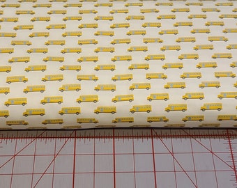 Cotton Random Thoughts Yellow Orange School Buses White Letters Designs Black Cotton Fabric Print by The Yard D764.28