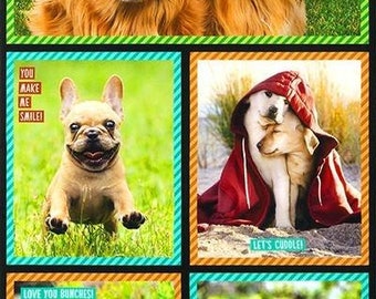 23.5 X 44 Panel Dogs Photos Animals Golden Retriever French Bull Dog Pug Doggy Pets Words Quotes I Ruv You Digital Cotton Fabric D364.13