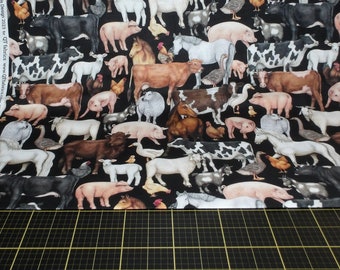 QT Fabrics. Country Farm. Packed Animals Black - Neutral, low volume farm fabric