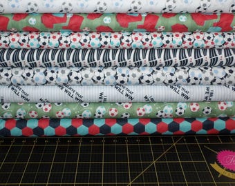 World Cup Soccer Fat Quarter Bundle - 10 Piece Generic Soccer Themed FQ Bundle - 100% cotton - Extra Options to Add Soccer Player Fabric