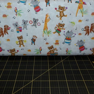 Clothworks. Jungle Drums. Baby Animals Mist Gray DIGITALLY PRINTED