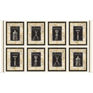 May include: A cream-colored fabric with a black and white pattern of vintage-style illustrations of grooming supplies. The illustrations include a razor, scissors, shaving brush, and talcum powder bottle. The text "TALCUM", "SCISSORS", "SHAVING", and "RAZOR" is included in the design.