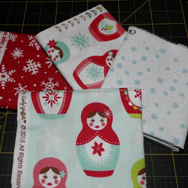 Merry Matryoshka Fat Quarter Bundle - 4 Piece Riley Blake Christmas / Winter Matryoshka Doll FQ Set - 100% Cotton