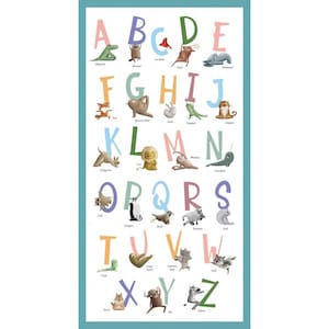 Michael Miller. Now and Zen Yoga Animals. Alphabet Panel 2/3 yds DIGITALLY PRINTED
