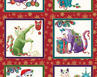 Benartex. Cat-I-tude Christmas. Paisley Panel Red METALLIC 2/3 yd