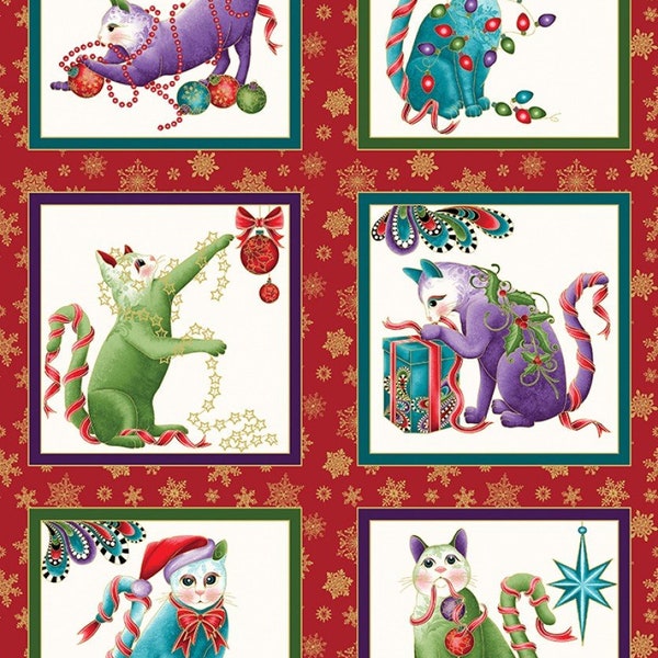 Benartex. Cat-I-tude Christmas. Paisley Panel Red METALLIC 2/3 yd