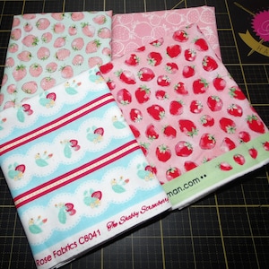 Strawberry Season Fat Quarter Bundle - 4 Piece Riley Blake and Robert Kaufman Pink and Red Strawberries FQ Set - 100% Cotton