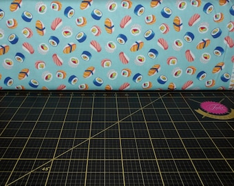 Riley Blake. Rainbow Fruit. How We Roll Aqua - Fun Sushi Fabric