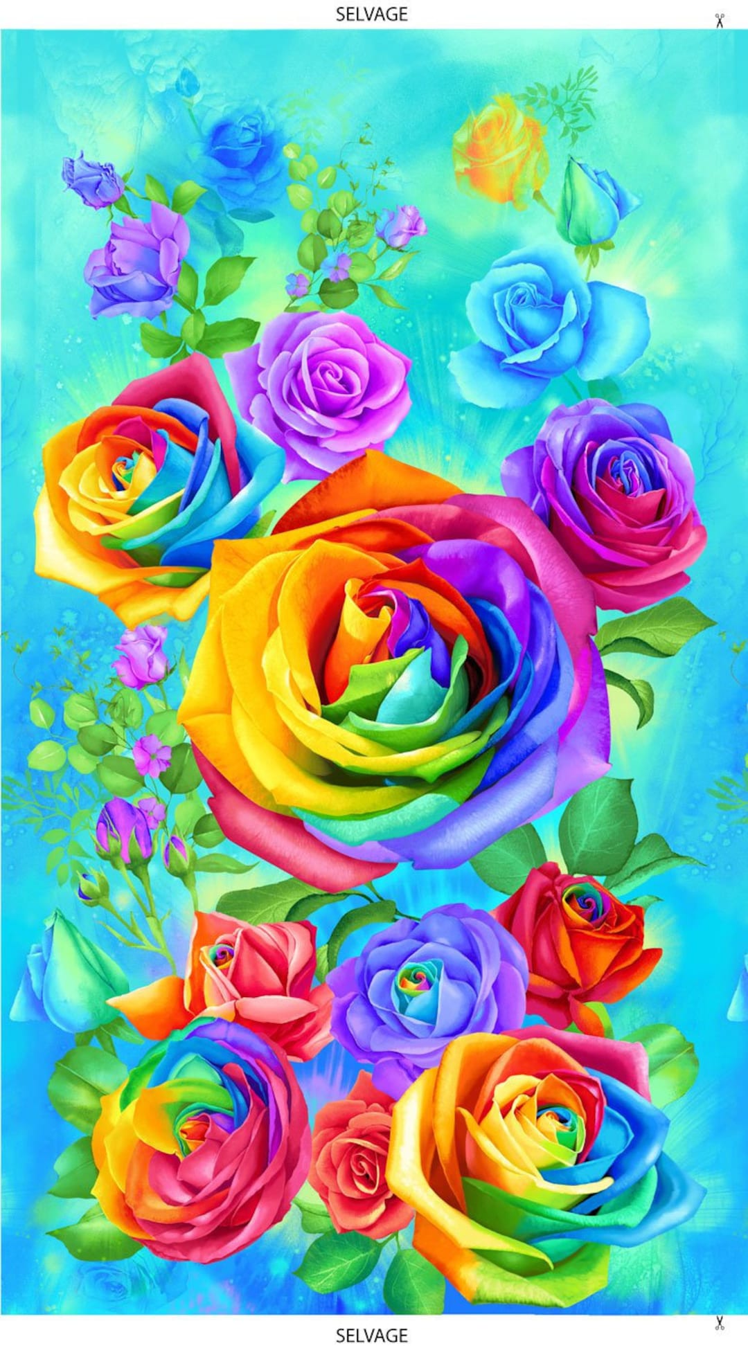Timeless Treasures. Rainbow Rose. Rainbow Roses Panel 2/3 Yd Aqua