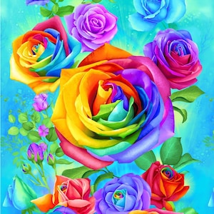 Timeless Treasures. Rainbow Rose. Rainbow Roses Panel 2/3 Yd Aqua ...