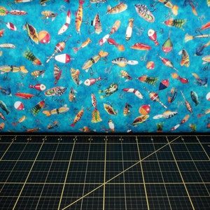 QT Fabrics. Fish Tales. Fishing Lures Dark Turquoise