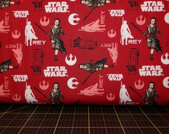 Camelot Fabrics. Star Wars: The Force Awakens. Rey in Ruby - Rey, BB-8, Finn, Chewbacca, Hans Solo Fabric