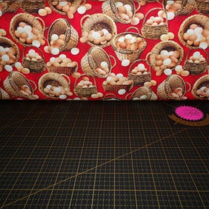 Michael Miller. Early To Rise. All Eggs In One Basket Red - farmhouse style eggs fabric