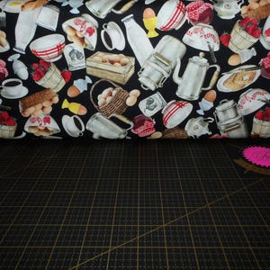 Michael Miller. Early To Rise. Eggs To Order Black - farmhouse style breakfast fabric