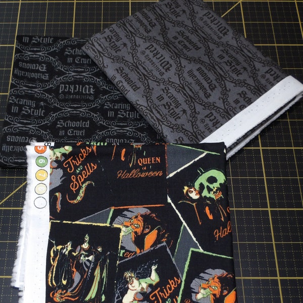 Villains Halloween Fat Quarter Bundle - 3 Piece Scar, Hades, Evil Queen, Cruella, Ursula, & Maleficent Fabric Themed FQ Bundle - 100% cotton