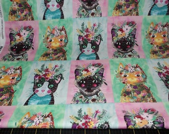 Free Spirit. Floral Pets. Floral Kitties Panel 2/3 yd Multi - Designed by Mia Charro