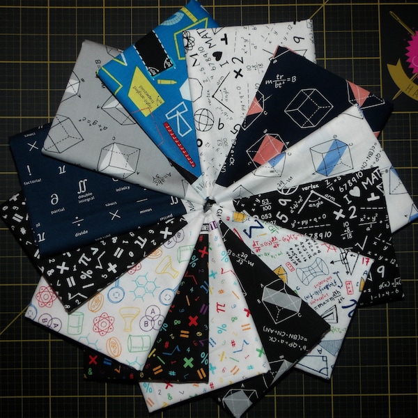 Equations Fat Quarter Bundle - 13 Piece Math and Science Geek Themed FQ Bundle - 100% cotton - Panel Option is Extra