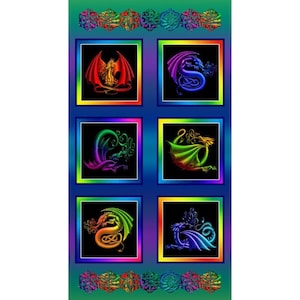 Studio E. Rainbow Dragon. Dragon Blocks Panel Cyan 2/3 yd DIGITALLY PRINTED