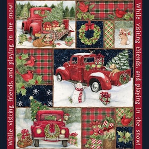 Springs Creative. Red Truck Collage Panel Full Yard - Christmas Vintage Red Truck Quilting Panel