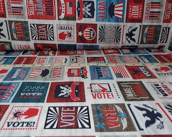 May include: Red, white, and blue fabric with a repeating pattern of various designs featuring the words "Vote" and "Make it Count".